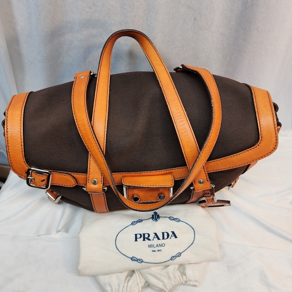 Prada Authentic Vintage Canvas & Leather Bowling Bag Purse Made in Italy!  🇮🇹 - Picture 14 of 15